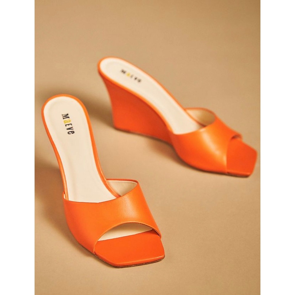 HH Anthropologie Maeve Square-Toe Mules Leather Upper Orange Slip On Sz 7